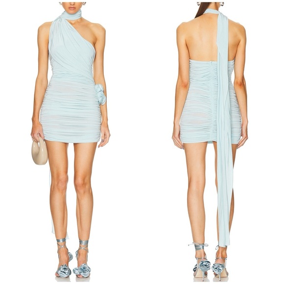 Magda Butrym Blue Floral Applique Draped Jersey Dress Wrap Neck Ruched Sz 36